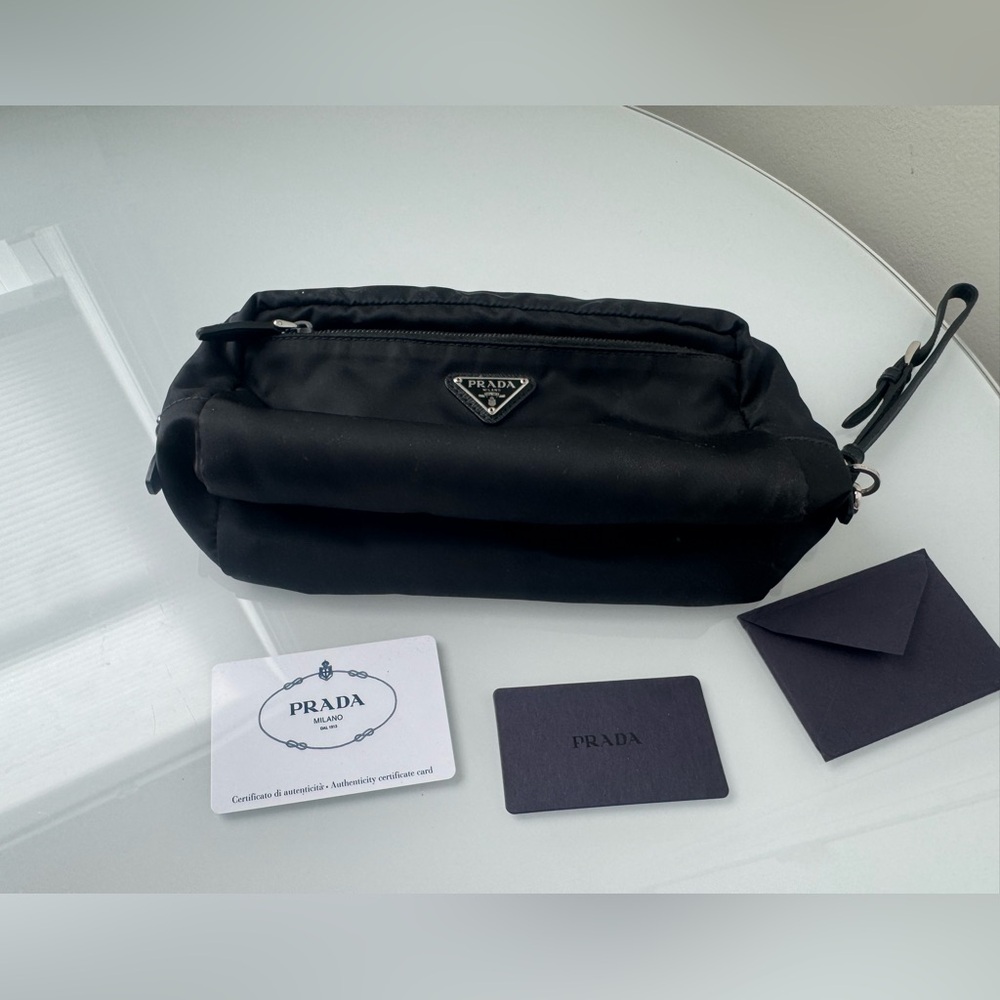 Prada Black Nylon Wristlet Bag Saffiano Leather Trim Luxury Pouch